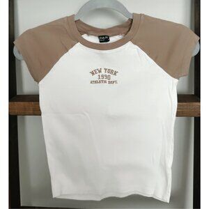 Vibe M Y2K White Tan Raglan Baby Tee Crop Top New York 1990 Athletic Dept XS